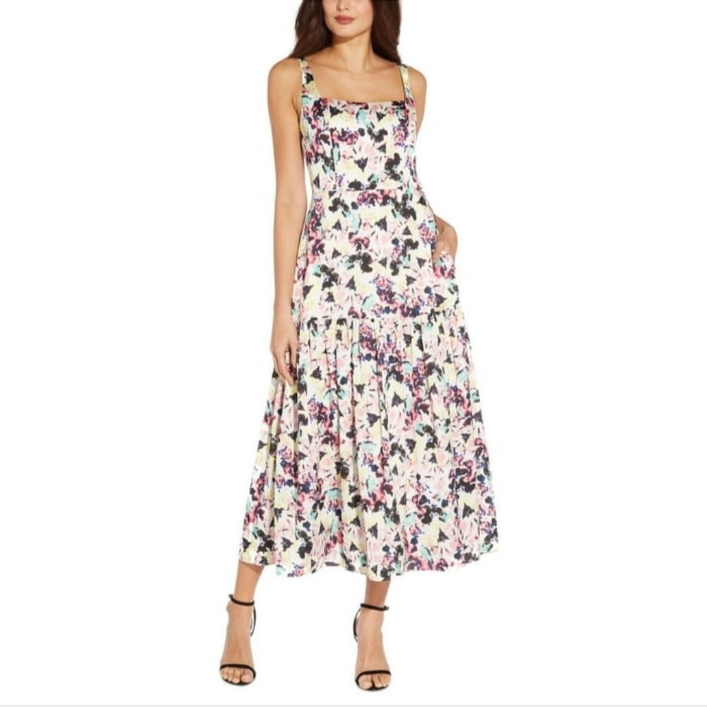 Aiden Mattox Women's NWT Satin Pleated Floral Sleeveless Midi Dress Size 2